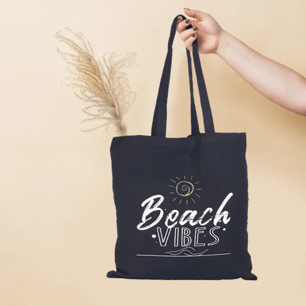 BYFT013989 BYFT Black Cotton Flat Tote Bag (Beach Vibes) Design B