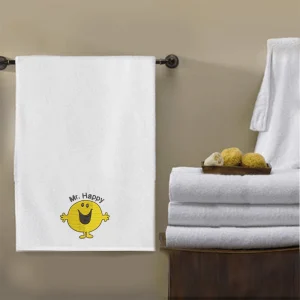 BYFT009343 BYFT IRIS Embroidered For You BATH TOWEL White Mr. Happy Design 70 x 140 Cm 600 Gsm Cotton Set of 1