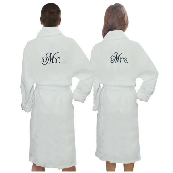 BYFT009364 BYFT IRIS Embroidered For You BATHROBE White Mr. & Mrs. Design Couple Cotton Set of 2