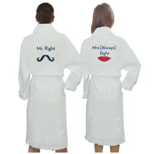 BYFT009365 BYFT IRIS Embroidered For You BATHROBE White Mr. Right & Mrs. Always Right Design Couple Cotton Set of 2