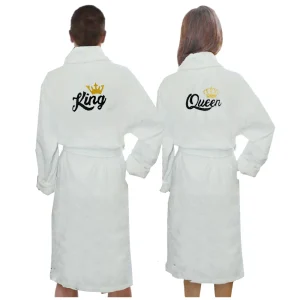 BYFT009366 BYFT IRIS Embroidered For You BATHROBE White King & Queen Design Couple Cotton Set of 2