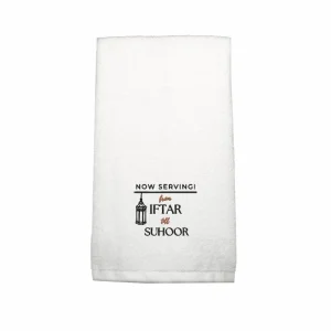 BYFT011765 BYFT Iris Embroidered For You Hand Towel 50 x 80 Cm 600 Gsm White Cotton Now Serving from Iftar to Suhoor Design Black Thread Set of 1
