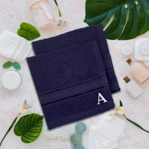 BYFT014311 BYFT Daffodil Washcloth 30 x 30 Cm 500 Gsm Navy Blue Stripe Diamond Dobby 100� Cotton Letter A White Thread Set of 6 B