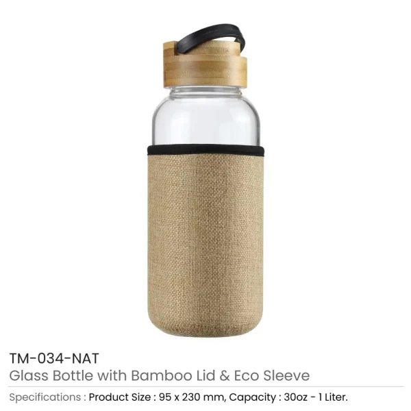 BYFT005765 BYFT Glass Bottle with Bamboo Lid and Eco Sleeve 1 Ltr Set of 01   TM 034 NAT