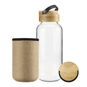 BYFT005765 BYFT Glass Bottle with Bamboo Lid and Eco Sleeve 1 Ltr Set of 01   TM 034 NAT C