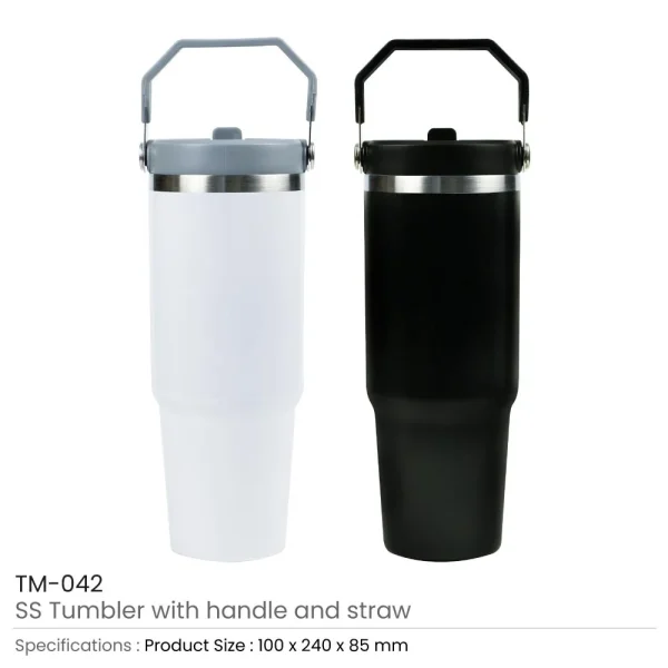 BYFT005805 BYFT Double Wall Black Vacuum SS Insulated Tumbler with Handle and Straw Set of 01   TM 042