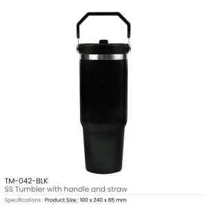 BYFT005805 BYFT Double Wall Black Vacuum SS Insulated Tumbler with Handle and Straw Set of 01   TM 042 A