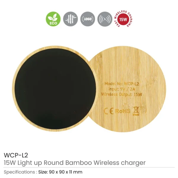 BYFT005811 BYFT Round Bamboo 15W Wireless Charger and Light Up Logo Set of 01   WCP L2