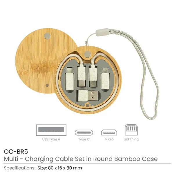 BYFT005816 BYFT Multi USB Charging Cable set in Round Bamboo Case Set of 01   OC BR5