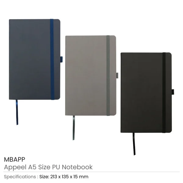 BYFT005830 BYFT A5 Appeel Black PU Notebook with Elastic Band Pen Loop Bookmark Set of 01   MBAPP