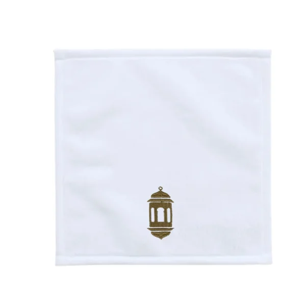 BYFT025017 BYFT Iris Embroidered For You Face Towel 33 x 33 Cm 600 Gsm White 100% Cotton Ramadan Lantern   Moonlit Design Gold Thread Set of 01