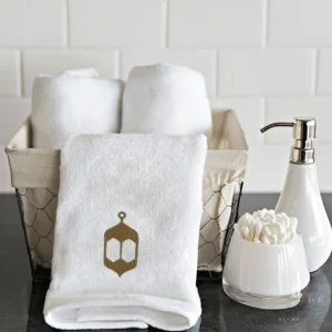 BYFT025019 BYFT Iris Embroidered For You Hand Towel 50 x 80 Cm 600 Gsm White 100% Cotton Ramadan Lantern   Arabian Design Gold Thread Set of 01 B