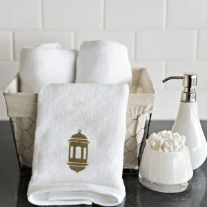 BYFT025020 BYFT Iris Embroidered For You Hand Towel 50 x 80 Cm 600 Gsm White 100% Cotton Ramadan Lantern   Moonlit Design Gold Thread Set of 01 B